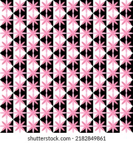 black and white seamless pattern with pink flowers