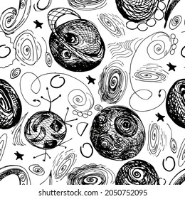Black white seamless pattern of planets, stars and comets.
Doodle style.