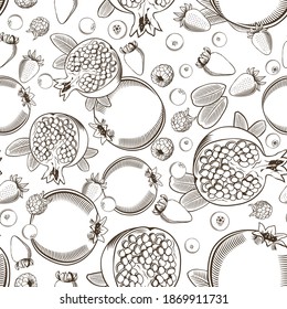 Black and white seamless pattern with pomegranates and berries in vintage style