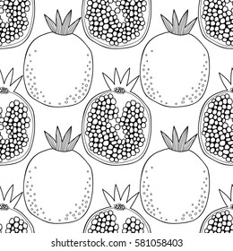 Black and white seamless pattern with pomegranates for coloring book. Fruit background