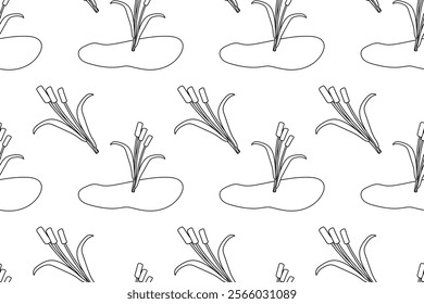 Black and white seamless pattern of ponds with cattails, perfect for children coloring pages and activities.
