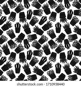 Patrón transparente negro y blanco con macetas de plantas cactus y suculentos en forma de doodle aislados en fondo blanco.Perfecto para tela,textil,papel pintado,papel envuelto. Ilustración simple del vector