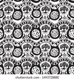 Black and white seamless pattern in primitive style art