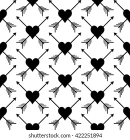 Black and white seamless pattern with print of  hearts and arrows. Monochrome vector illustration. Simple, easy editable repetition wrapping.