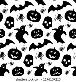 Black and white seamless pattern with pumpkin, bat, ghost and skull. Repetitive vector wallpaper for Halloween.