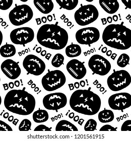 Black and white seamless pattern with pumpkin silhouette and inscription Boo. Repetitive vector wallpaper for Halloween.