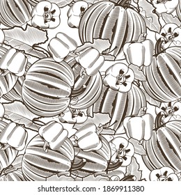 Black and white seamless pattern with pumpkins and red pepper in vintage style
