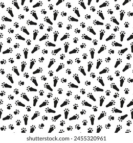 Black and white seamless pattern of Rabbit or hare paw footprints. Silhouette. Bunny footprints. Isolated on white background. Print, textile, wrapping paper, postcard, zoo, Easter pattern