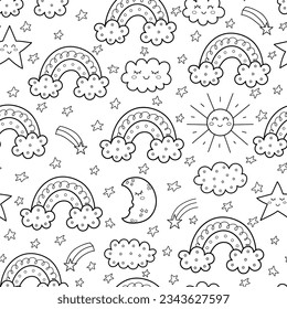 Black and white seamless pattern with rainbow, sun and moon. Outline background for kids in cartoon style. Great for fabric, textile, coloring page. Vector illustration
