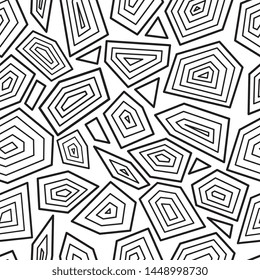 Black and white seamless pattern with random geometric shapes with sharp corners, coloring book background with abstract tiles inspired by turtle shell - isolated vector illustration