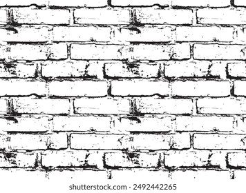 Black and white seamless pattern with realistic brick wall. Abstract vector texture in the grunge style with old horizontal brickwork. Relief repeating background, wallpaper, wrapping paper, fabric