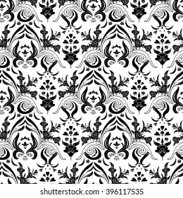 Black and white seamless pattern. Regular report. Vector ornament. Classic style. Damascus motives. Isolated silhouettes of flowers. Bouquet of roses
