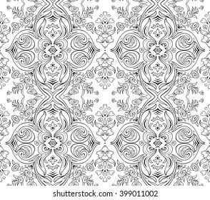 Black and white seamless pattern. Regular report. Vector ornament. Classic style. Damasc motives. Bouquet of roses