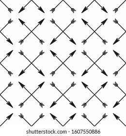 Black and white seamless pattern with repeated crossed arrows. Simple print. Vector illustration.