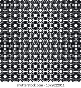 Black and white seamless pattern of repeating shapes.