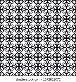 Black and white seamless pattern of repeating shapes.