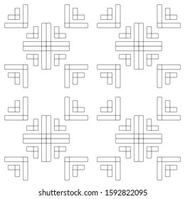 Black and white seamless pattern of repeating shapes.