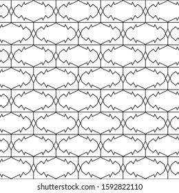 Black and white seamless pattern of repeating shapes.