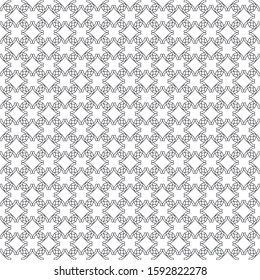 Black and white seamless pattern of repeating shapes.