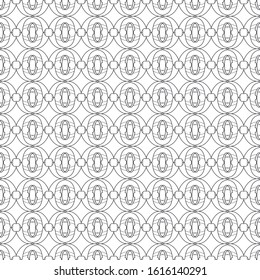 Black and white seamless pattern of repeating shapes.
