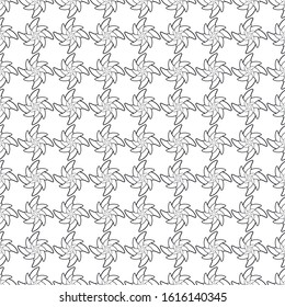 Black and white seamless pattern of repeating shapes.