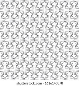 Black and white seamless pattern of repeating shapes.