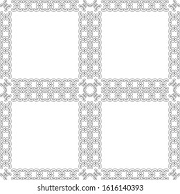 Black and white seamless pattern of repeating shapes.