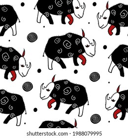 Black and white seamless pattern with rhinoceros. Savannah animals hand drawing