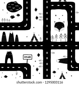 Black and white seamless pattern with road, teepee and animals. Kids nordic print. Vector hand drawn illustration.