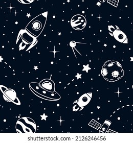 Black and white seamless pattern with rockets, planets, ufo, comet and stars. Universe background for children.