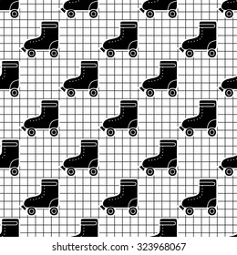 Black and white seamless pattern with roller skates on grid background