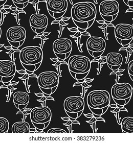 Black and white seamless pattern with romantic flowers buds. Vector texture of blackboard with cute drawing. 