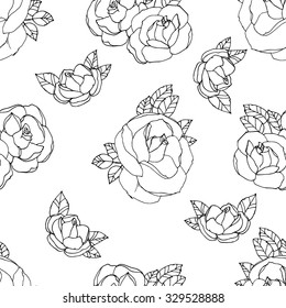 Black And White Seamless Pattern of Rose Flowers. Floral Outline Monochrome Ornament.