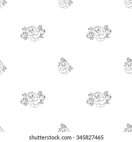 Black And White Seamless Pattern of Rose Flowers. Floral Outline Monochrome Ornament.