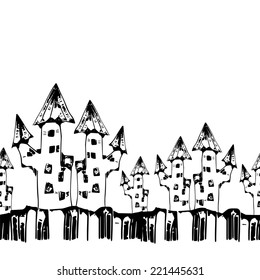 Black and white seamless pattern with scary houses for halloween theme