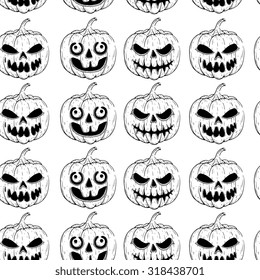 Black And White Seamless Pattern Of Scary Halloween Pumpkin In Sketchy Style