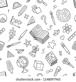 Black and White Seamless Pattern of School Stationery. Coloring Page Uncolored Patterned Motif with Paints, Brush, Pencil, Pen, Straightedge, Books, Scissors.