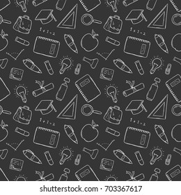 black and white seamless pattern of school supplies using doodle style on black background