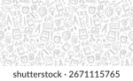 Black and white seamless pattern with school-themed doodles. This hand-drawn illustration features education icons in a unique dashed-line or stitched style. A modern back-to-school background.