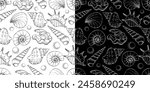 Black and white seamless pattern of sea shells, monochrome background. Seashells and conchs, hand drawn lines and dots, grainy texture. Vector print, undersea design for fabric, wallpaper and package.