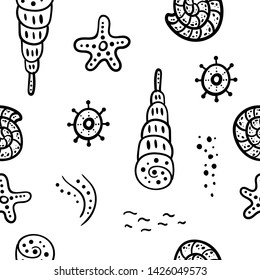 Black and white seamless pattern with sea elements on a white background. Sea shells, starfish, steering wheel. Doodle style Ideal for children's clothing, fabrics, textiles, children's decorations