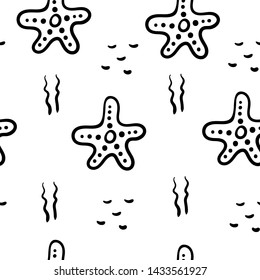 Black and white seamless pattern with sea elements on a white background. Starfish. Doodle style Ideal for children's clothing, fabrics, textiles, children's decorations, wrapping paper. Vector