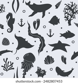 black and white seamless pattern with sea animals silhouette 