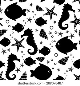 Black and white seamless pattern with sea creatures doodles: starfish, fish, seahorse, shell. Monochrome nautical backgrounds. Cute marine life Background. Baby shower vector illustration.