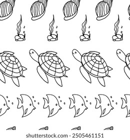 Black and white seamless pattern with seahorses, corals, sea shells, crabs, fish, turtles, underwater life, hand drawn. Vector seamless pattern. Suitable for textiles, covers, wall wallpaper, packagin