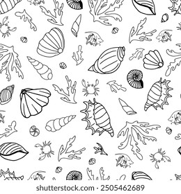 Black and white seamless pattern with seahorses, corals, sea shells, crabs, fish, underwater life, hand drawn. Vector seamless pattern. Suitable for textiles, covers, wall wallpaper, packaging, etc