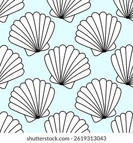 Black and white seamless pattern of seashells for summer beach coloring pages