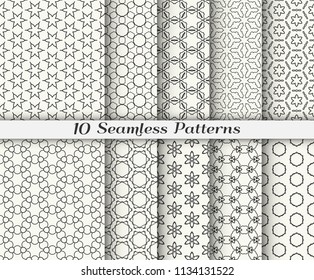 Black and white seamless pattern set in arabic style. Stylish graphic geometric linear background. Line art texture for paper or fabric print. Ethnic ornament, vector illustration