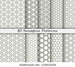 Black and white seamless pattern set in arabic style. Stylish graphic geometric linear background. Line art texture for paper or fabric print. Ethnic ornament, vector illustration