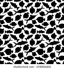 Black white Seamless pattern. Set of isolated outline cartoon vector fish animals, tang, flounder, tuna, ocean burrfish, sea marlin. Silhouette monochrome illustration for food establishments or print